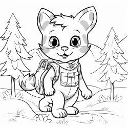 black and white coloring book drawing only thick outlines no grayscale for kids cartoon style cat forest