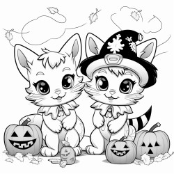 two cute smiling kittens in costumes one in a pumpkin costume the other a vampire stand next to a table laden with halloween treats a garland of bats and cobwebs hangs in the background