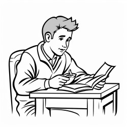 a man sitting at a table and taking a bite of a book