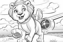 a lion mascot flying an airplane over a park