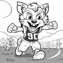 bobcat mascot football player on football field with bobcat mascot cheerleaders