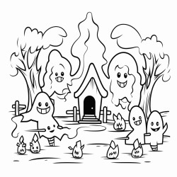 image with black lines on a white background illustrating ghosts telling scary stories around a campfire in a graveyard for coloring in large basic shapes coloring book style no solid fill large white space for easy coloring ideal for kids enhanced line clarity