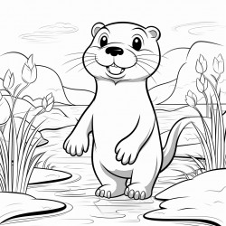 an otter walking in a pathway outline lineart coloring book 2d cartoon character