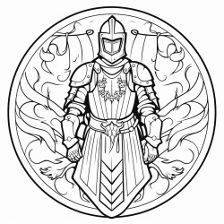 a standing knight holding a shield a cross is featured in the center of the shield