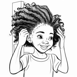 african american kid girl combing her hair in the mirror  smiling in cartoonist style