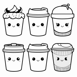6 takeaway cups with different faces in kawaii styl