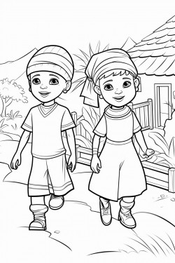 professional sketch drawing of african boy and a girl chlid playing in the village for coloring book coloring page