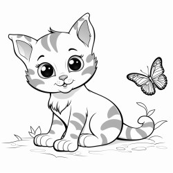 kitten playing with butterfly no color no shading thick lines