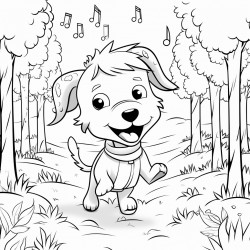 a dog dancing with music notes in a forest