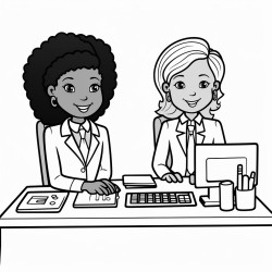 a black girl dressed in a business suit sitting at a desk with a client and a calculator on the desk
