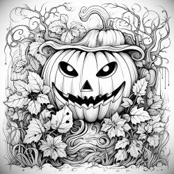 cute spooky pumpkin surrounded by leaves