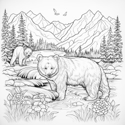 create a blackandwhite coloring page featuring bears by a river the bears should have bold clear outlines with one bear fishing or drinking water include simple details like trees rocks and the flowing river but leave large spaces for easy coloring