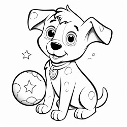 a puppy with planetshaped markings playing with a starshaped ball