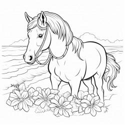 horse on beach with hawaiin leis