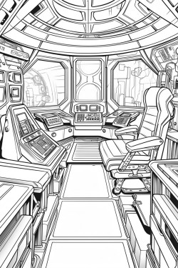 space ship cabin with screens with desk space futuristic detail