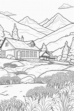 switzerland landscape with a quaint stone house surrounded by flowers and a cypress tree a foxe in lavender fields
