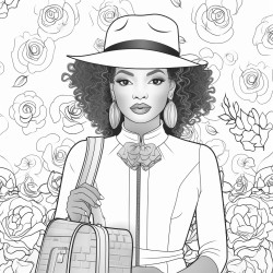 african american woman in fall clothes with pocketbook hat jewelry and makeup with floral background coloring page