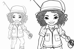 african american chibi women dressed in overalls holding a fishing pole in one hand and a fresh fish in the other have her look surprised and happy
