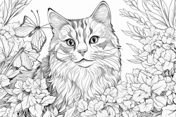 a cat between flowers and leaves in a huge garden