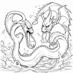 a dragon fighting an octopus