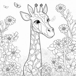 giraffe in a garden with flowers