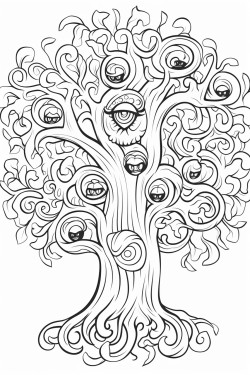 a large twisted oak tree with swirling leaves and hidden creatures like fairies or owls peeking through