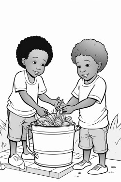 little black boys playing with a big lifesize crawfish that is standing in a boiling pot in the front of a home