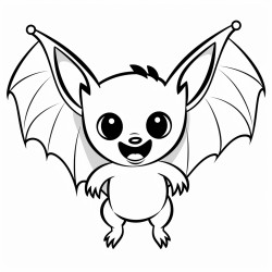a simple bat flying with its wings spread wide smiling