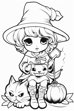 adorable witch with a cat and cauldron