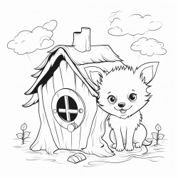cute little dog inside a tiny house inside of a tree