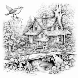 cottage in the woods with stream and birds intricate patterns