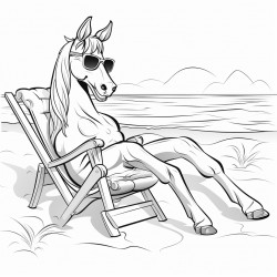 horse on the beach with sunglasses sitting in a chair