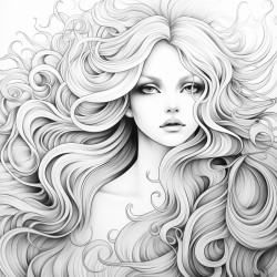 greyscale adult coloring page with manga woman with long hair