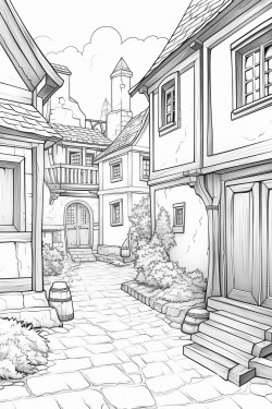 arkheim coloring page old buildings worn statues cobblestone alleys mossy walls wooden shutters faded signs