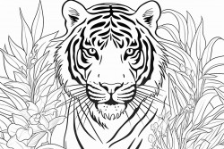 big tiger with tropical leaves or flowers