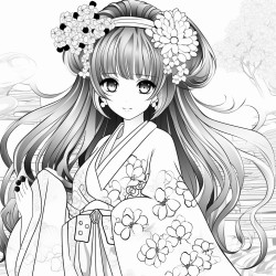 anime style detailed feminine kimono girl with big eyes and shiny long hair