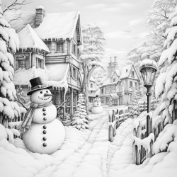 snowman village with snowmen, snowwomen, and snow children enjoying the snow