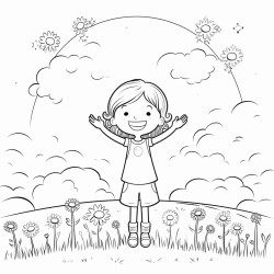 a girl in a meadow with her hands up in praise coloring page with and without color in same image black and white line art white background simplicity ample white space