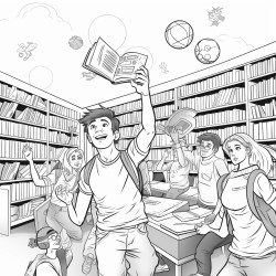 detailed cartoon of teenagers in a classroom trying to catch books balls and other equipment flying around them
