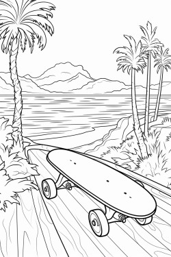 create a drawing of a skateboard with a nice scenery on it
