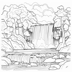 coloring book page natural landscape waterfall