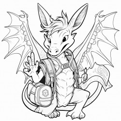nice dragon with a backpack giving a peace sign