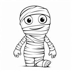 image with black lines on a white background illustrating a friendly mummy with bandages wrapped around its body for coloring in large coloring book style no solid fill ample white space for easy coloring ideal for kids coloring books enhanced line clarity