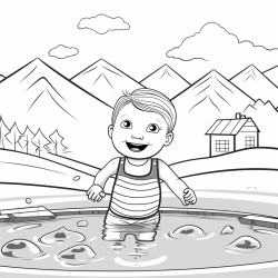 toddler swimming in the swimming pool with lane lines and some floaters around the backdrop is a mountain and trees
