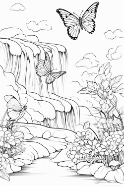 a waterfall surrounded by flowers butterflies and beautiful birds on a sunnyday