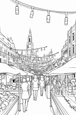 a bustling christmas market filled with stalls selling festive goods lights twinkling overhead and people enjoying the holiday spirit