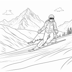 a skier racing down a snowy slope with a scenic mountain backdrop