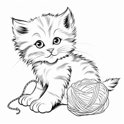 stencil of a playful kitten with a ball of yarn capturing its curious pose and fluffy fur