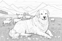 great pyrenees resting in a field with sheep