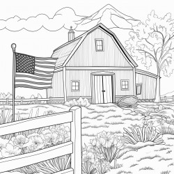 american flag white fence and a barn